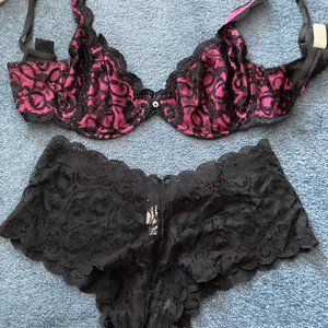 Rare Victoria's Secret Sexy bra and bottom set- med & 36D hot pink and black